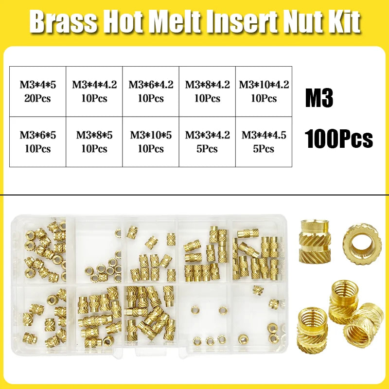Brass Threaded Insert Nut Kit M2 M2.5 M3 M4 M5 M6 M8 Hot Melt Heat Knurled Embed Injection Copper Insertnut for 3D Print Plastic