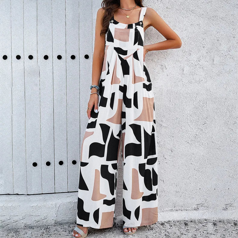 Women's Clothing Spring Summer New Fashion Button Sexy Sleeveless Suspender Temperament Printed Casual Belt Pocket Jumpsuit