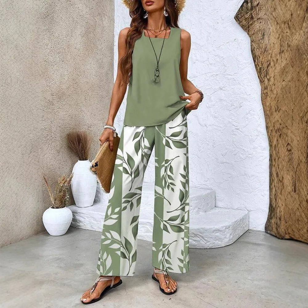 Summer New Women's Flower Stripe Print Two-Piece Set Square Collar Sleeveless Vest Solid Tops & Long Pants Sets Female 2025