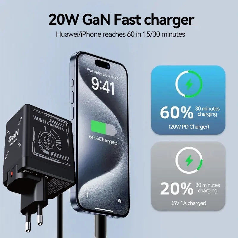W&O GaN Fast Charging 20W Cable Type C and Lightning Liquid Silicone Cable for iPhone 14 15 Pro Max Xiaomi Realme Redmi 