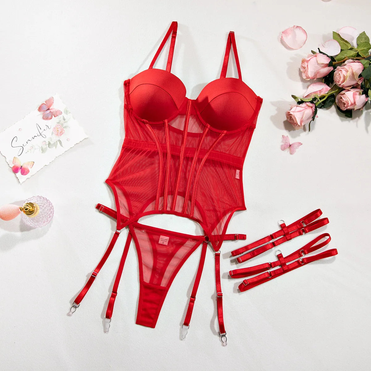 Koltailace Mesh Lingerie Luxury Brand Bodysuit Backless Tops for Women 3 Piece Lingerie Set with Garter Sexydresses for Women