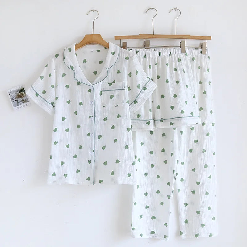 Small Love Heart Printed Cotton Pajamas for Women Three Piece Set Spring and Summer Short Sleeved Shorts Homewear Long Pants Set