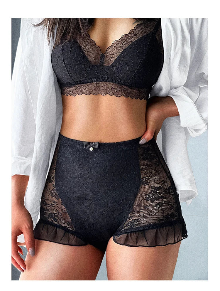 SP&CITY High Waist Flower Embroidery Sexy Lace Women's Underwear Transparent Shorts Mesh Hollowed Panties Ruffle Seamless Briefs