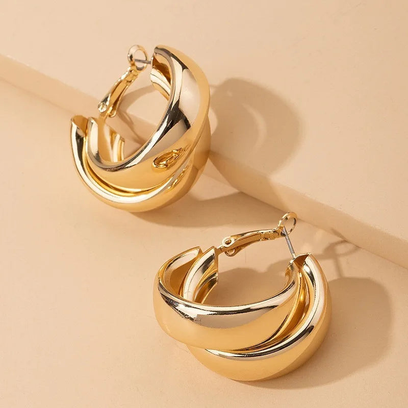 Stainless Steel Chunky Hoop Earrings for Women Girls Gold Color Double Ring Thick Geometric Drop Earrings Statement Jewelry Gift