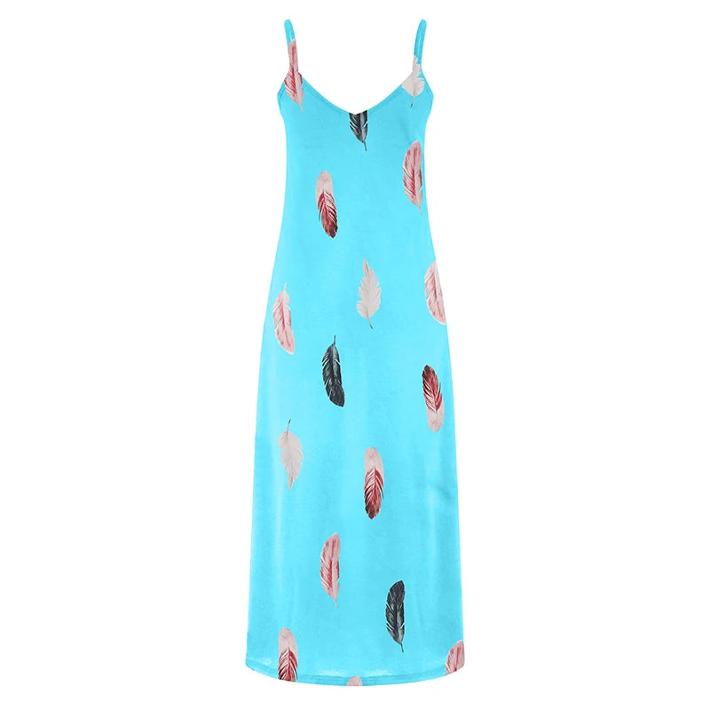 8Colour All-Season Chic Feather Print Maxi Dress Casual V-Neck Comfort Stretch Easy Care