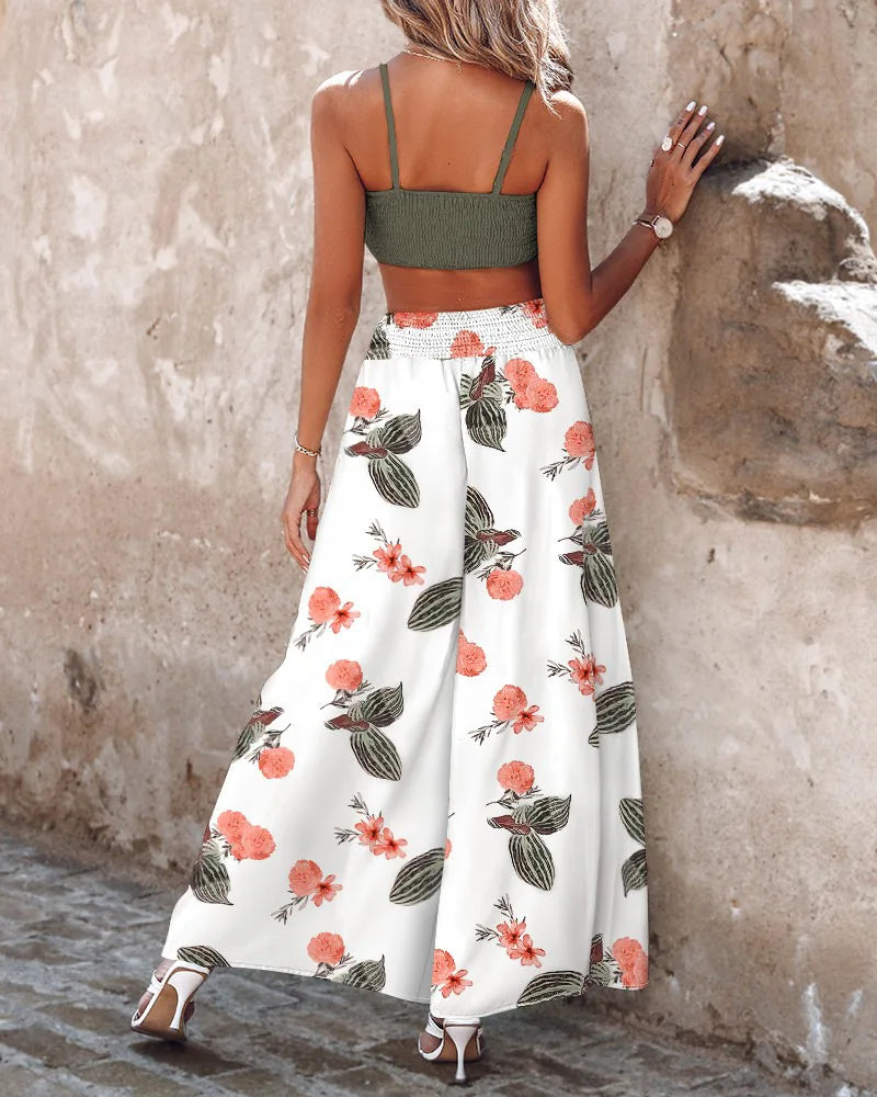 Women's 2024 Summer New Commuter Sexy Sleeveless Short Strap Pants Two Piece Set Fashion Printed Strap Wide Leg Pants Set
