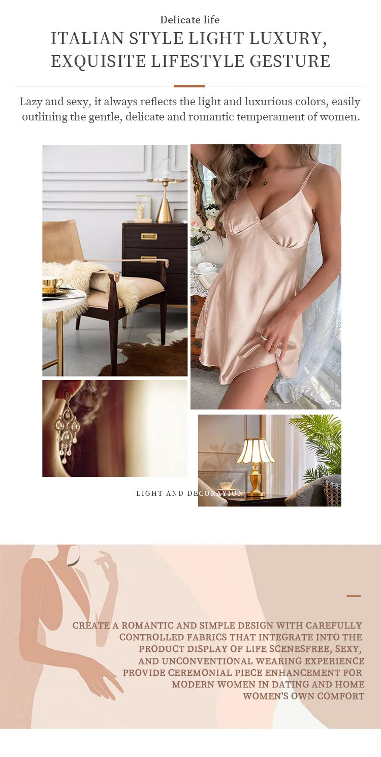 Solid Silk Satin Women Nightgown Sleeveless V Neck Pajama Dress Female Backless Sleepwear Backless Nightwear Homewear Clothing