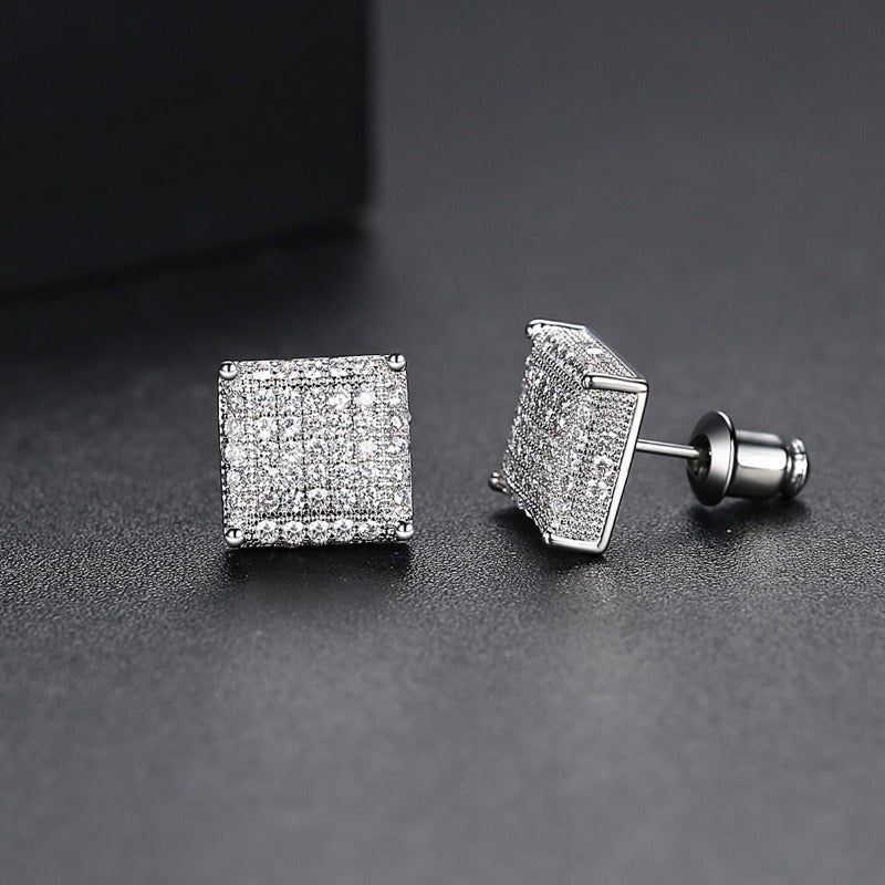 Rock Hip Hop Iced Out Stud Earrings for Women Men Male Ice Studded Zircon Silver Color Piercing Ear Accessories Trend Jewelry