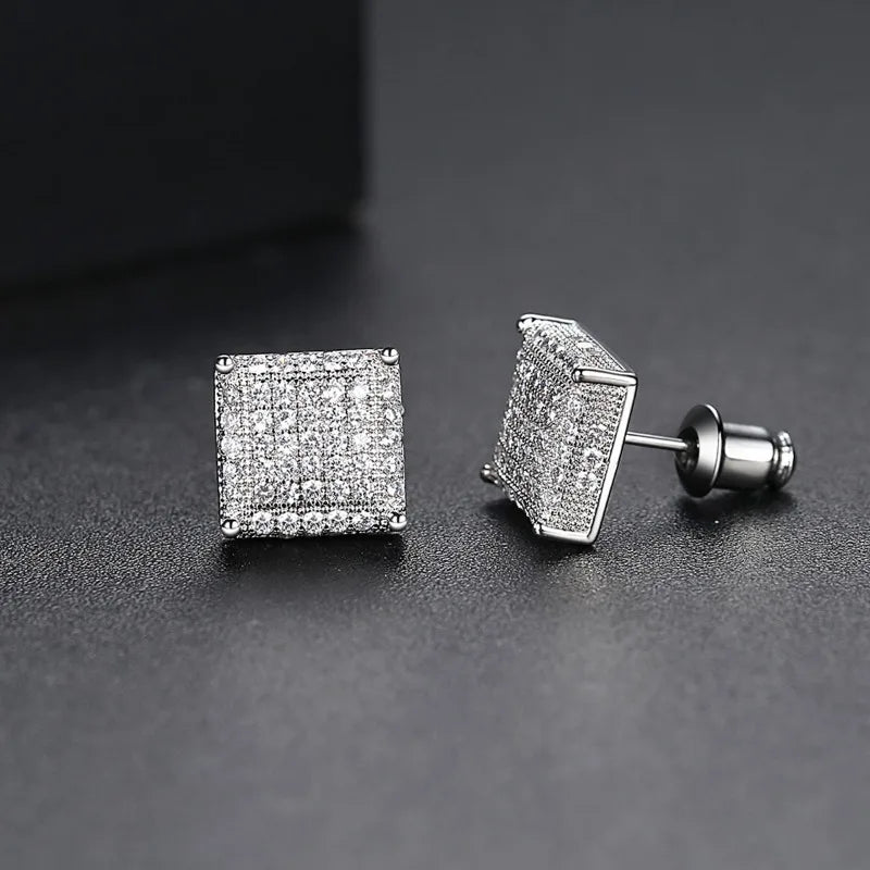Rock Hip Hop Iced Out Stud Earrings for Women Men Male Ice Studded Zircon Silver Color Piercing Ear Accessories Trend Jewelry