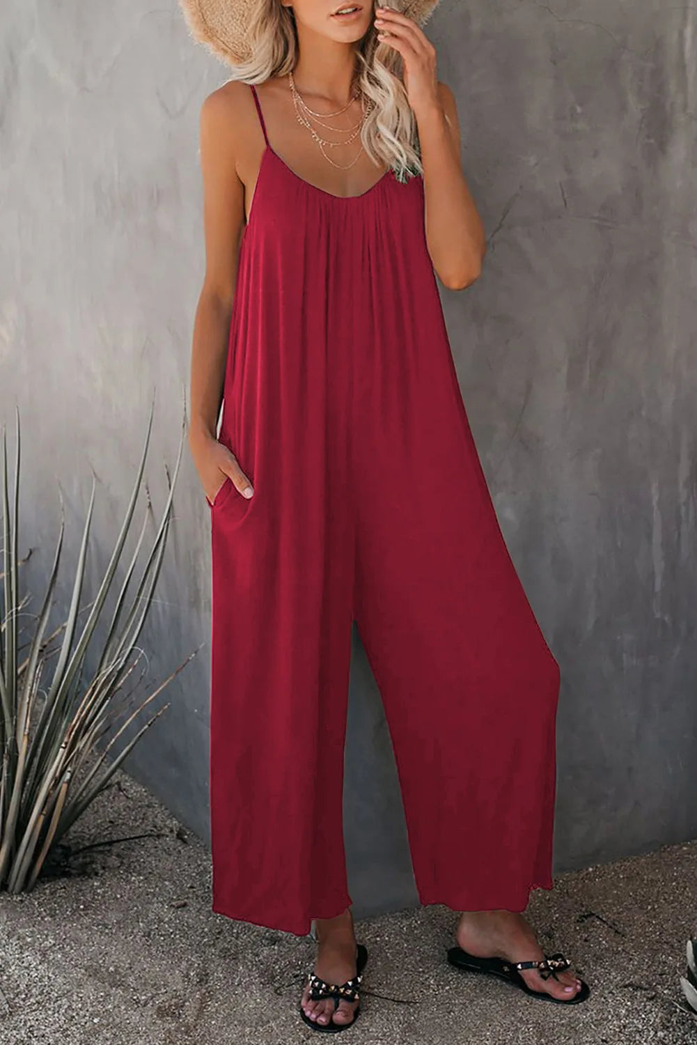 European and American Suspender Women's 2023 Summer New Foreign Trade Tolid Color Pocket Casual Jumpsuit
