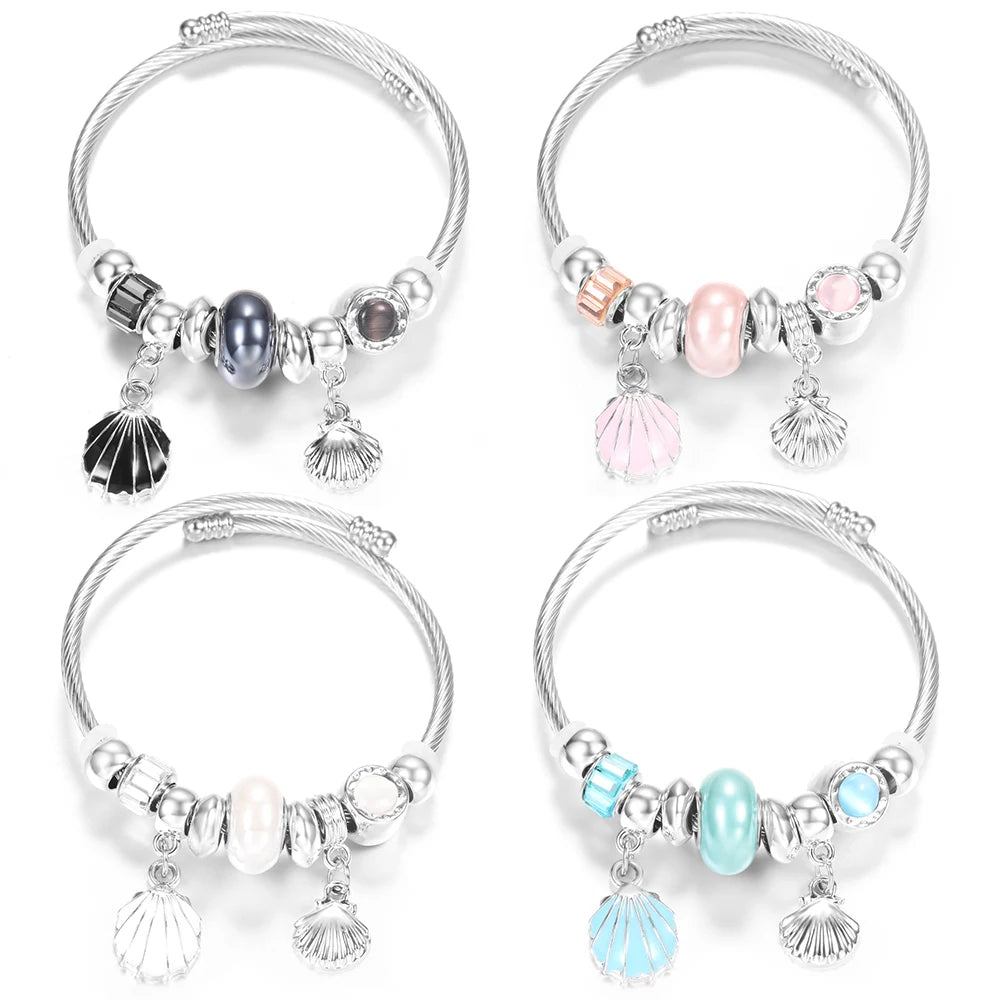 New Rhinestone Heart Shaped Pendant Stainless Steel Beaded Bracelet 4 Colors High Quality Closure Bangles Women Bracelet Jewelry