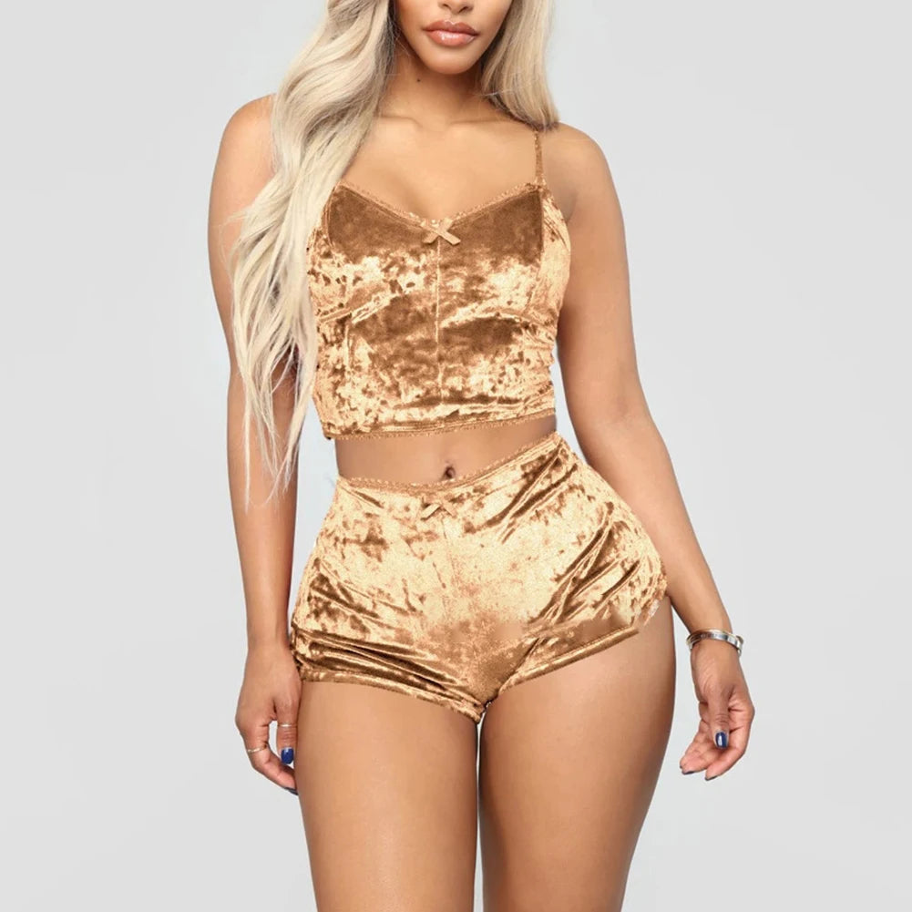 Women Summer Sexy Nightwear V-neck Lingerie Suspender Sleepwear Underwear Crop Tops Shorts Pajamas Set Solid Ladies Nightgown