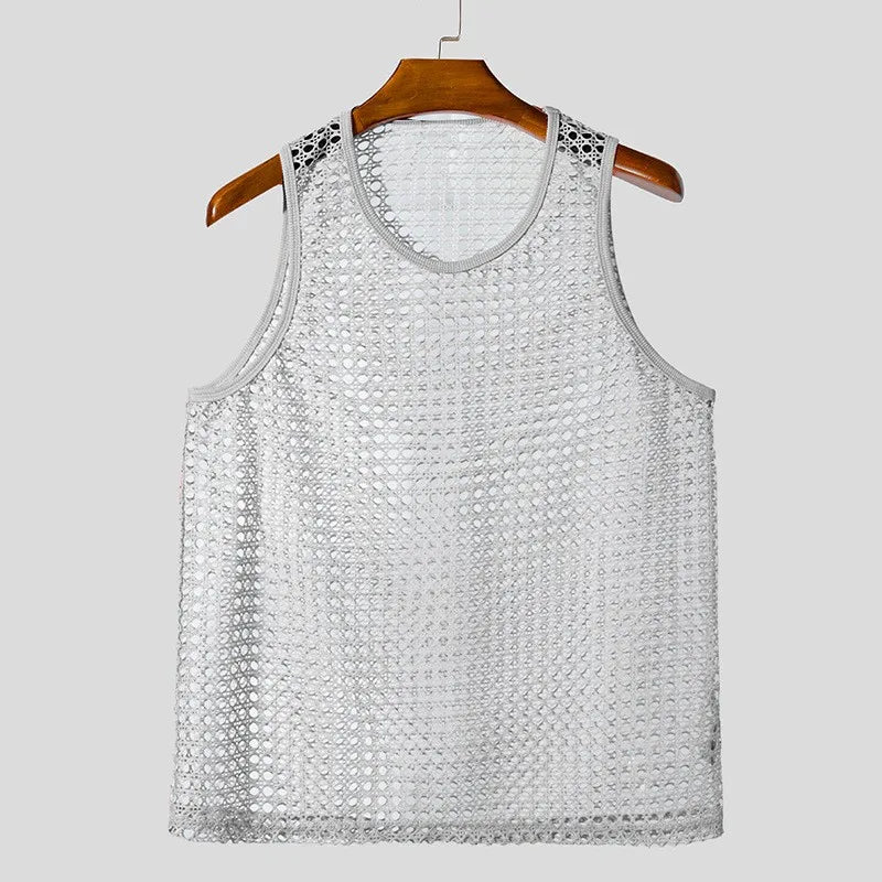 New American Style Fashion Men Tops Popular Vacation Hollow Out Mesh Vests Sexy Casual Sleeveless Tank Tops S-2XL 2025 Summer