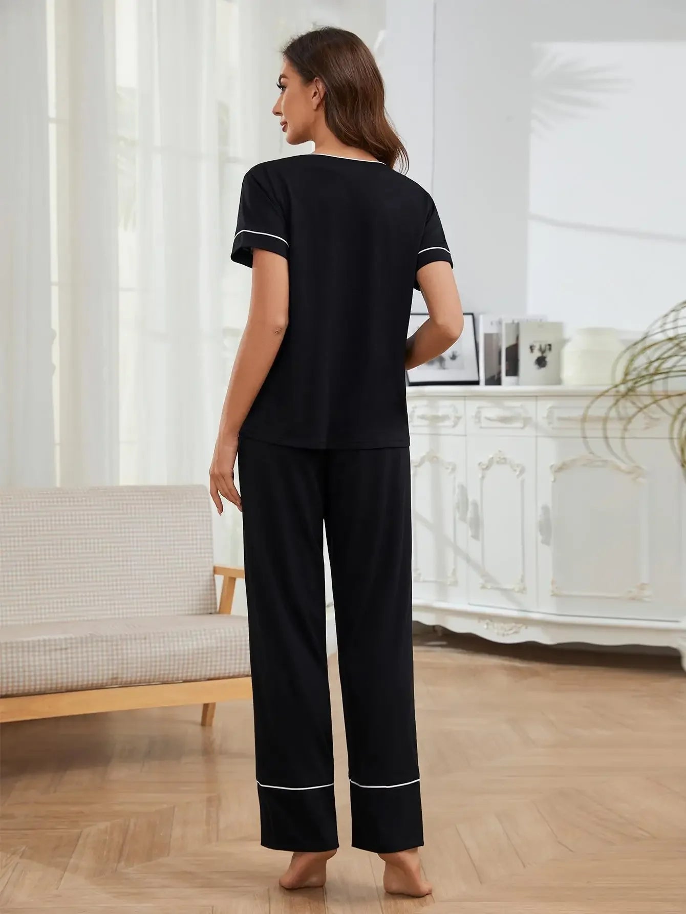 Front Button V Neck Women's Pajama Set Short Sleeves with Chest Pocket Top & Full-Length Pants 2 Piece Female Sleepwear Homewear