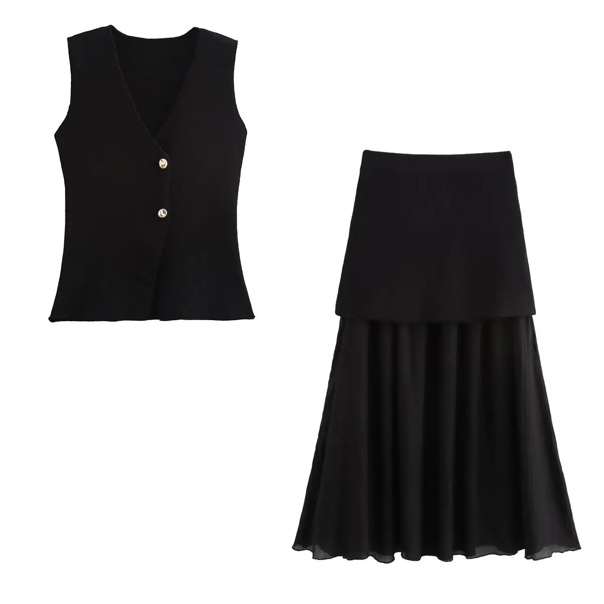 TRAFZA 2025 Women Skirt Set Wine Red Knitted V-Neck Sleeveless Slim Vest +Solid High Waist Zipper Patchwork Long Skirt Street