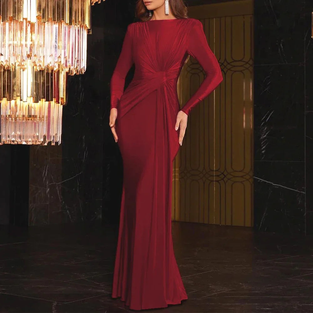 Elegant High Waist Pleated Maxi Dress Women's New Solid O Neck Long Sleeve Slim Dress Luxury Party Evening Gown Robe
