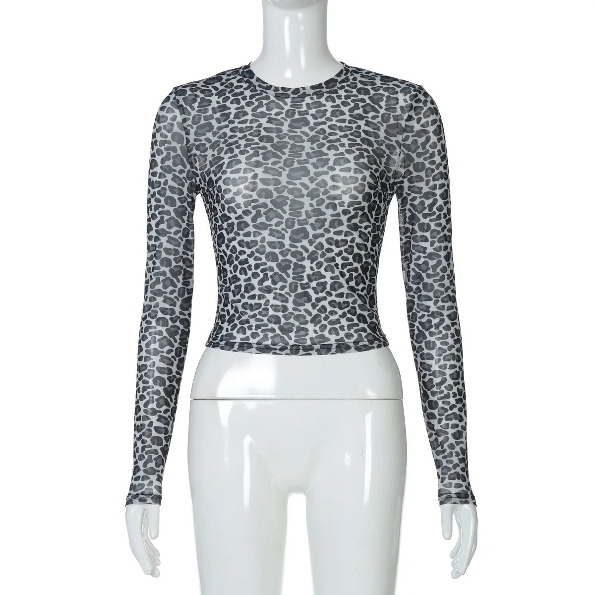 Ladies summer Leopard Print Clubwear Y2K Clothes Women Long Sleeve O-Neck Mesh See Through Slim T Shirt Holiday Streetwear Tees