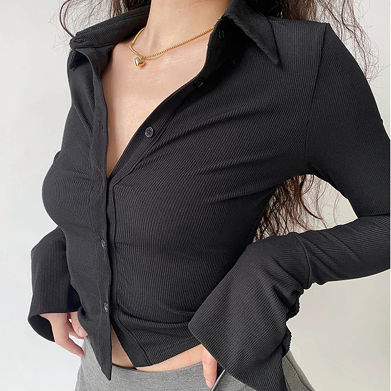 Blouses Polo Lapel Single-Breasted Flared Collar Solid Sleeve Shirt Five-Color Women's Slim Long-Sleeve Women's Autumn Clothing