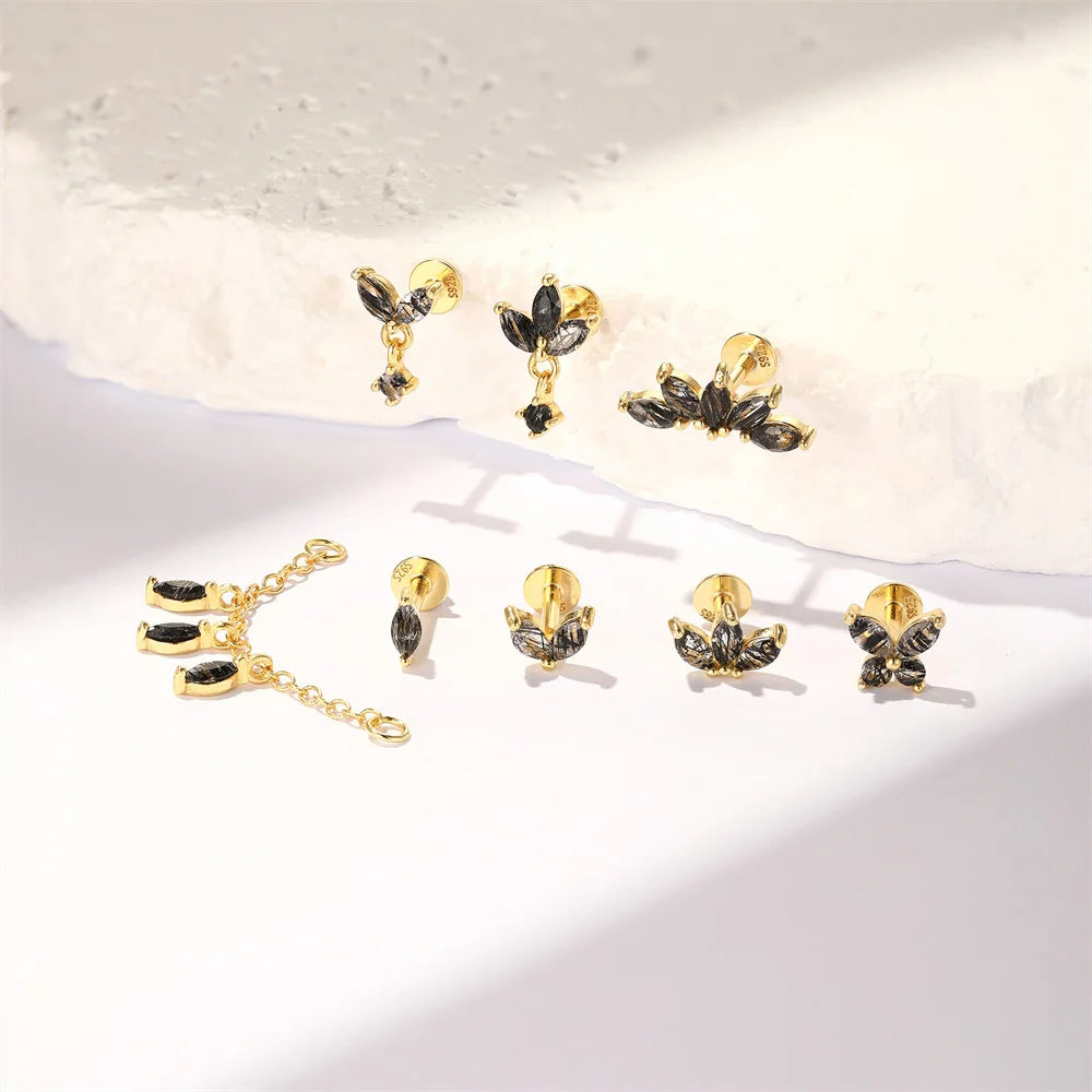 CANNER 1PC Natural Black Hair Quartz 925 Sterling Silver Horse Eye Flat Head Thread Puncture Earring Flower Piercing Earring