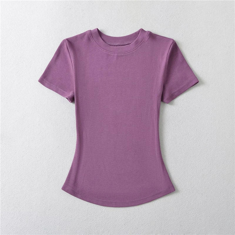 LUNDUNSHIJIA 2024 Summer Sexy Women Basic O-neck Short Sleeve T-shirt Ladies Slim Elasticity Cotton Tee Tops 12 Colors