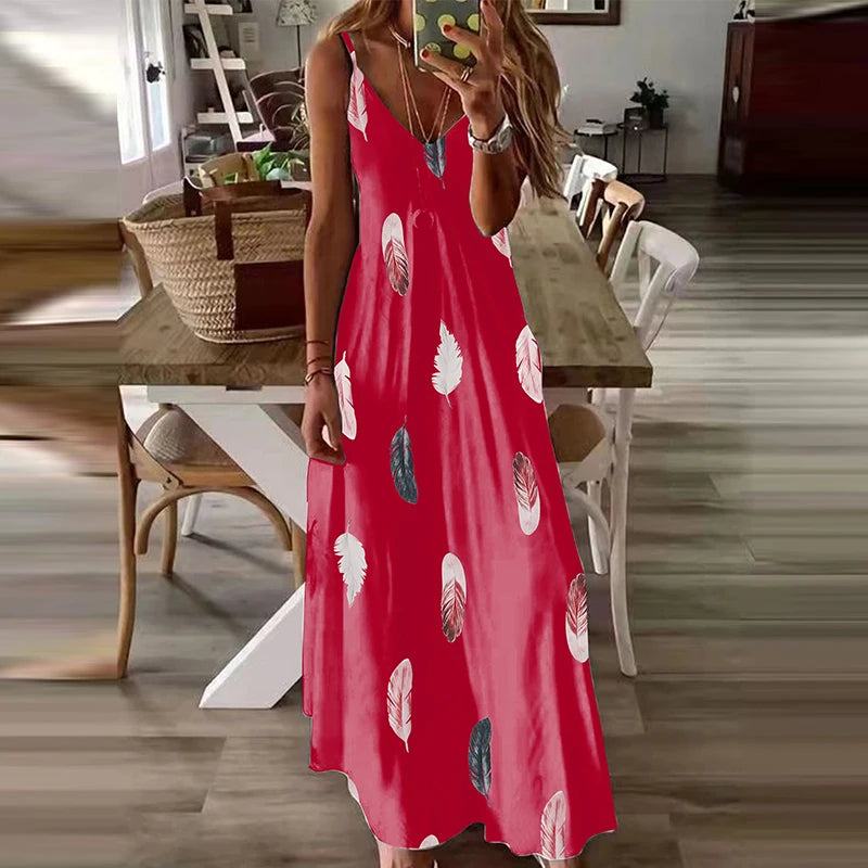 8Colour All-Season Chic Feather Print Maxi Dress Casual V-Neck Comfort Stretch Easy Care