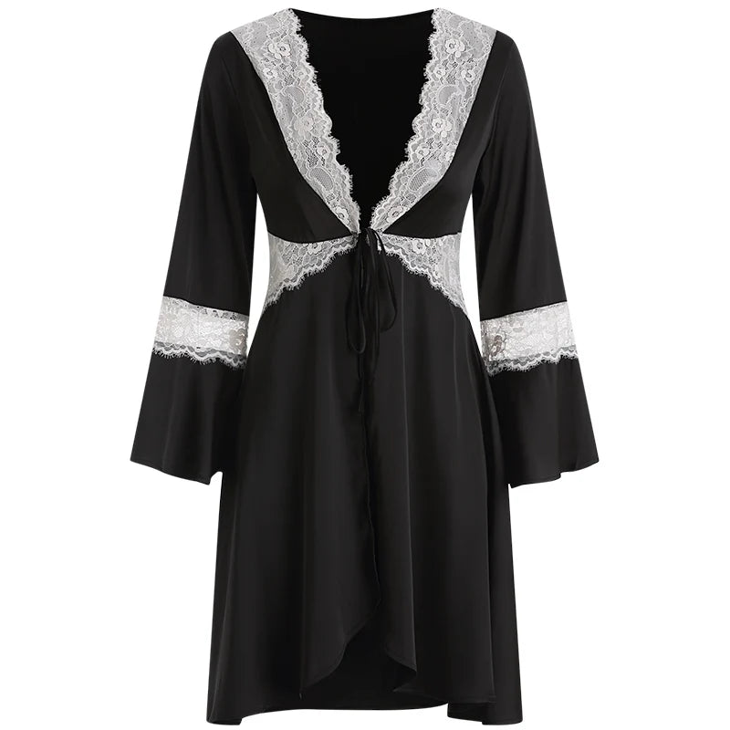 Black Satin Kimono Bridal Robe Lace Lingerie Women Sleepwear Pajamas Pure Ice Silk Wedding Morning Bathrobe Bridesmaid Robes