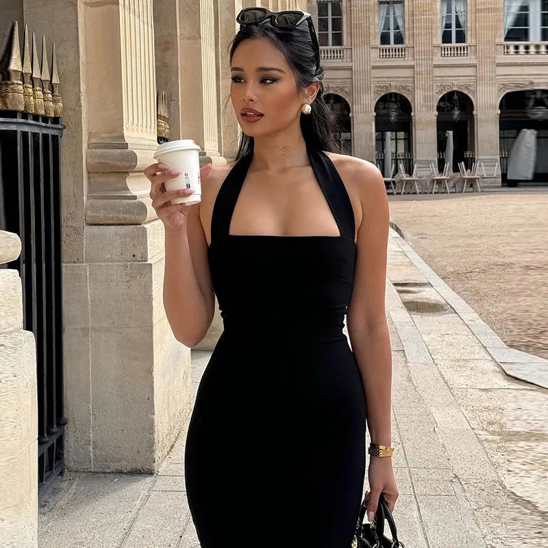 Ladies Summer Elegant New Midi Dress Women Sleeveless Backless Halter Long Dresses Evening Party Club Streetwear Woman Clothes