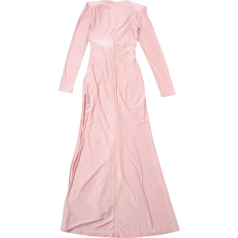 Elegant High Waist Pleated Maxi Dress Women's New Solid O Neck Long Sleeve Slim Dress Luxury Party Evening Gown Robe