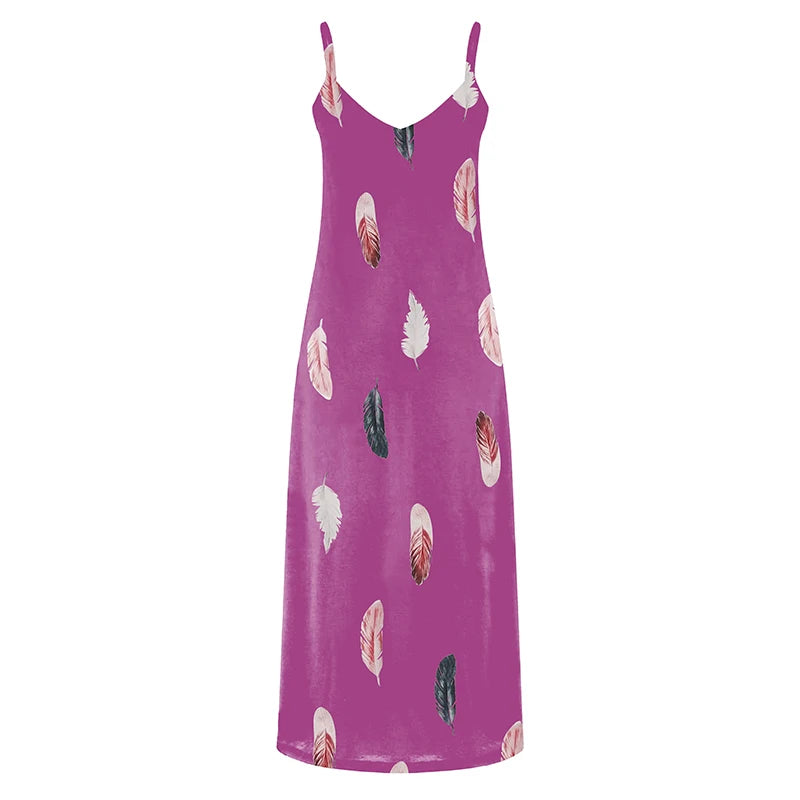 8Colour All-Season Chic Feather Print Maxi Dress Casual V-Neck Comfort Stretch Easy Care