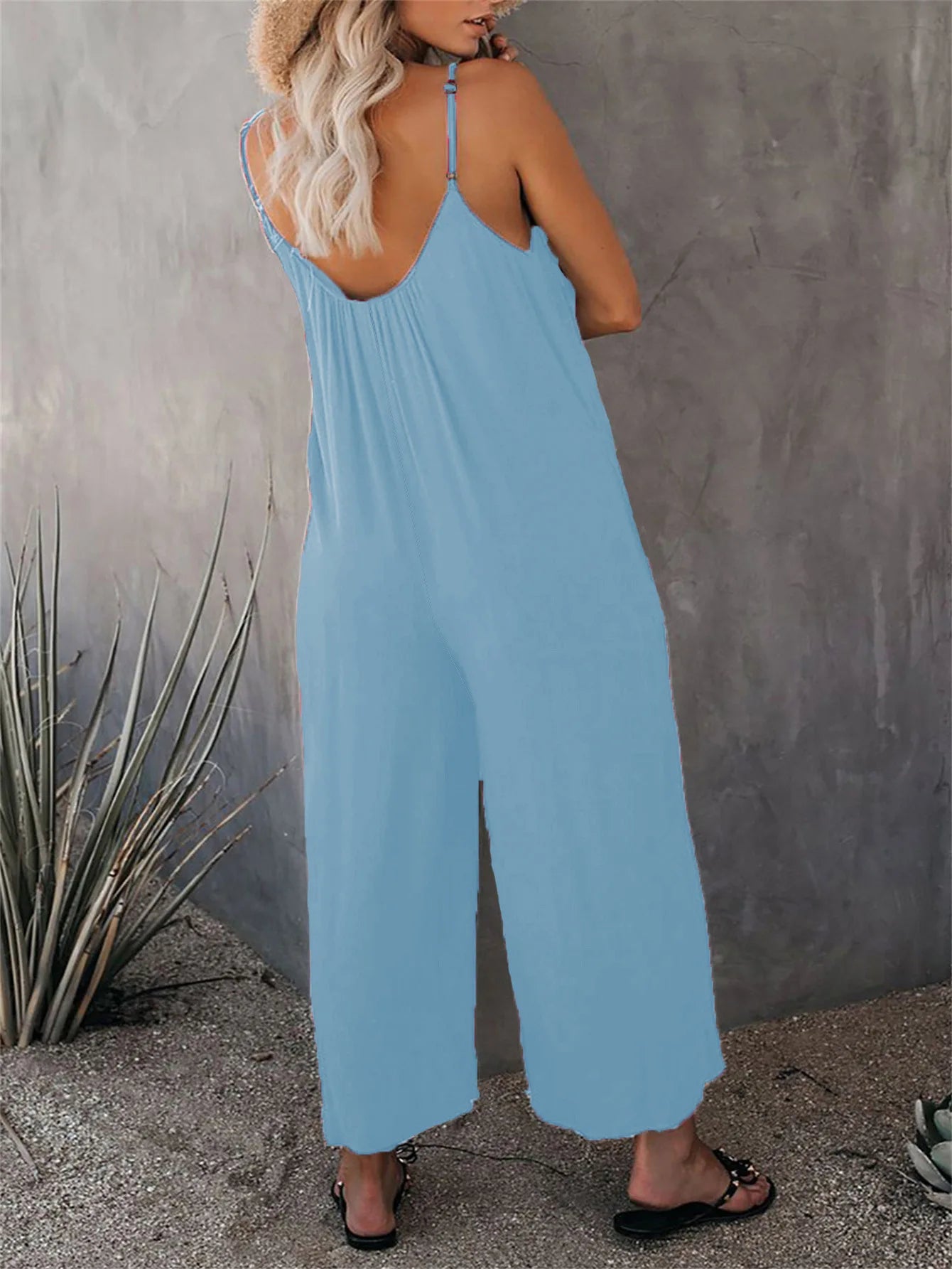 European and American Suspender Women's 2023 Summer New Foreign Trade Tolid Color Pocket Casual Jumpsuit