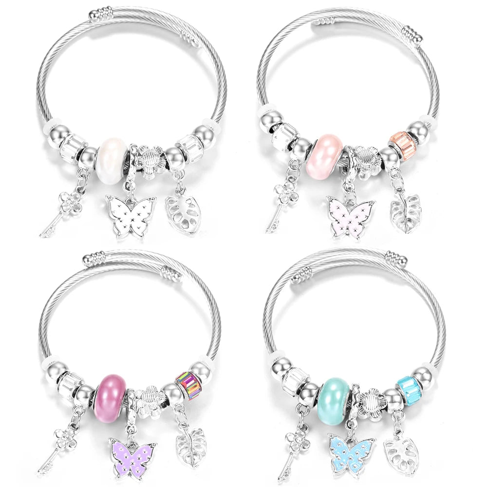 New Rhinestone Heart Shaped Pendant Stainless Steel Beaded Bracelet 4 Colors High Quality Closure Bangles Women Bracelet Jewelry