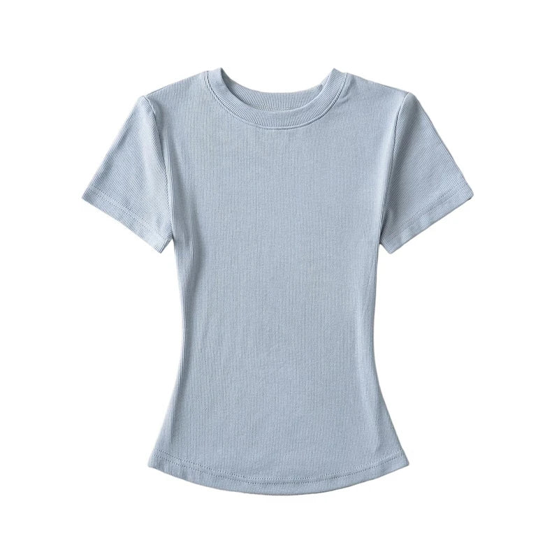 LUNDUNSHIJIA 2024 Summer Sexy Women Basic O-neck Short Sleeve T-shirt Ladies Slim Elasticity Cotton Tee Tops 12 Colors