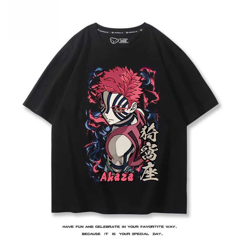 Hot Anime Demon Slayer Akaza Printed 100% Cotton T-Shirt Summer Outdoor Casual Comfortable Trendy Street Men's