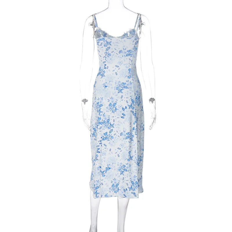 Ladies Summer Floral Print Fashion Evening Party Dress Women Sleeveless Backless Side Slit Midi Dresses Woman Clothes Clubwear