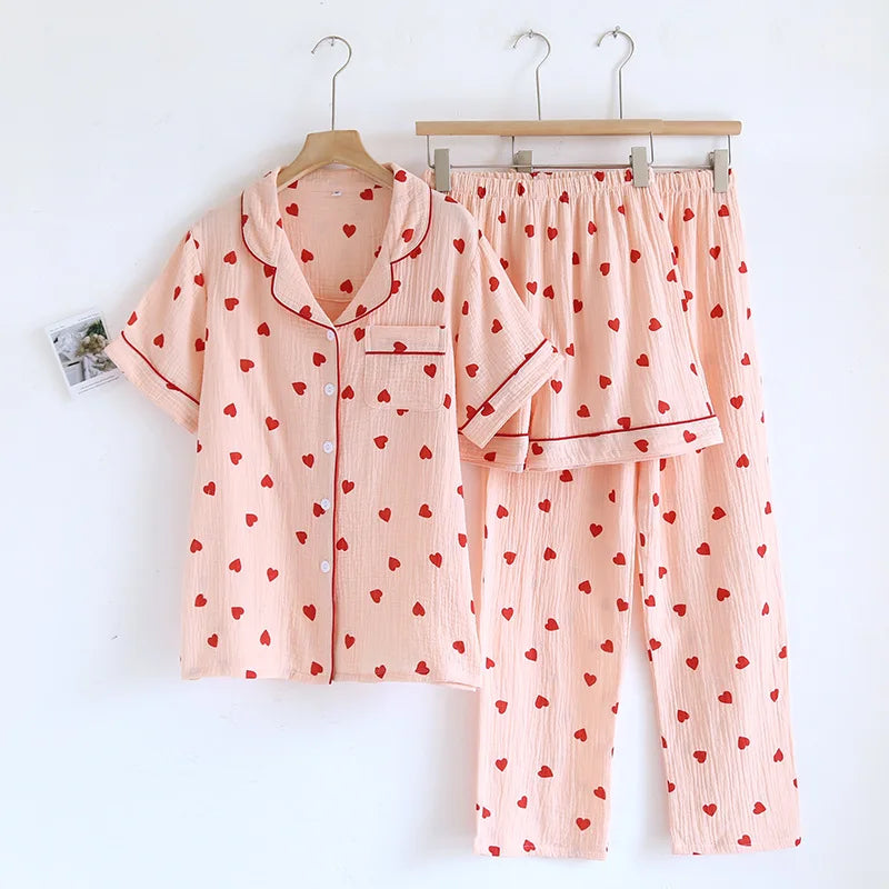 Small Love Heart Printed Cotton Pajamas for Women Three Piece Set Spring and Summer Short Sleeved Shorts Homewear Long Pants Set