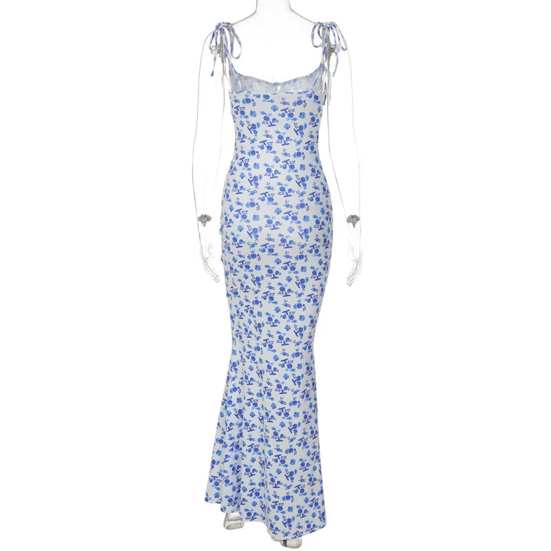 Ladies Summer Floral Print New Fashion Evening Party Dress Sleeveless Backless Sexy Long Dresses Woman Clothes Birthday Clubwear