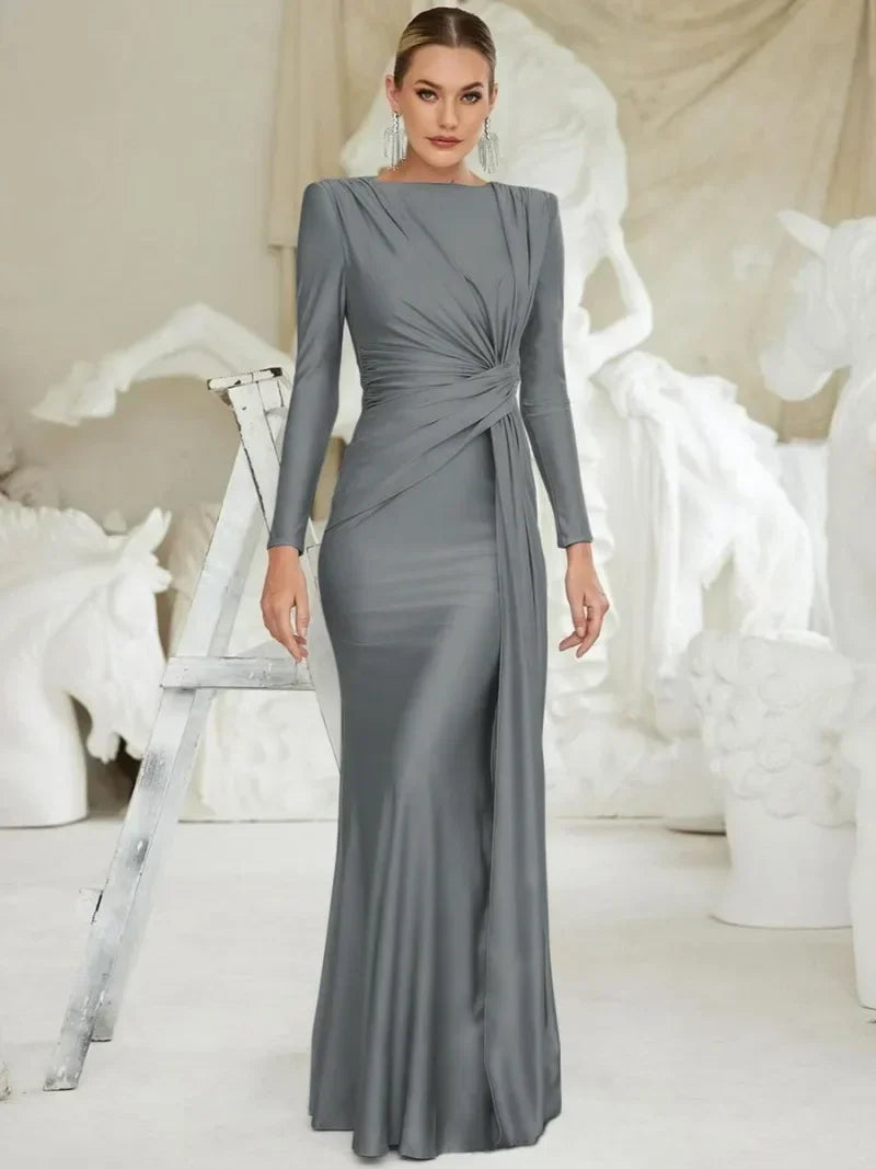 Women's Formal Occasion Dress Elegant Ladies O-neck Long Sleeve Folds High Waist Bodycon Gray Dresses Evening Party Robe