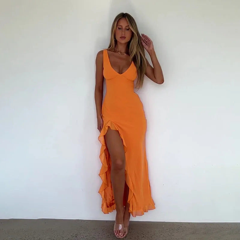 Ladies Summer Ruffle Evening Birthday Party Dress Women Sleeveless Backless Side Slit Long Dresses Clubwear Woman Clothes 2025