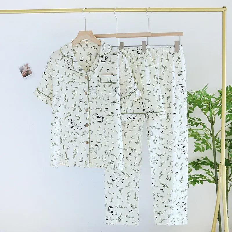 Small Love Heart Printed Cotton Pajamas for Women Three Piece Set Spring and Summer Short Sleeved Shorts Homewear Long Pants Set