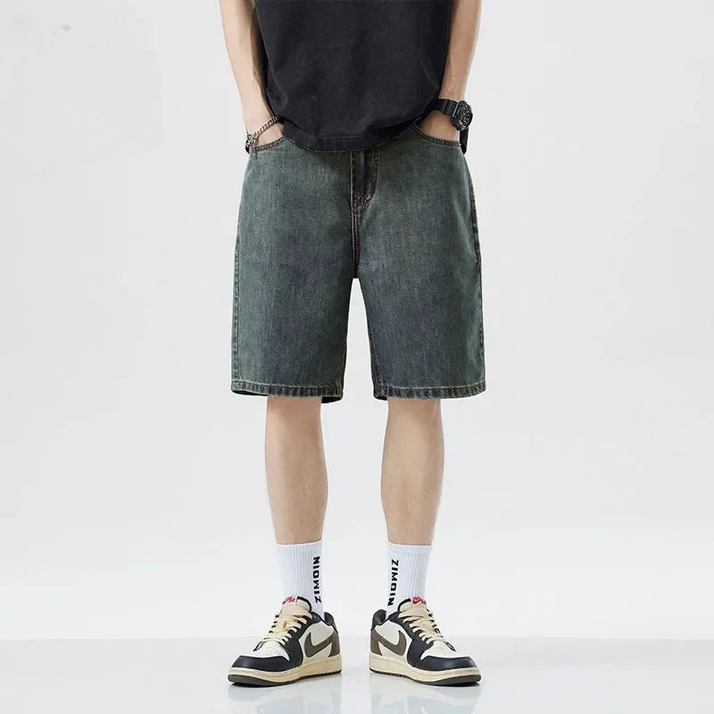 2025 new Fashion Streetwear Men's Denim Shorts Summer Loose Vintage Harajuku Splicing Hip-hop Cargo Moto Short Jeans Black Blue