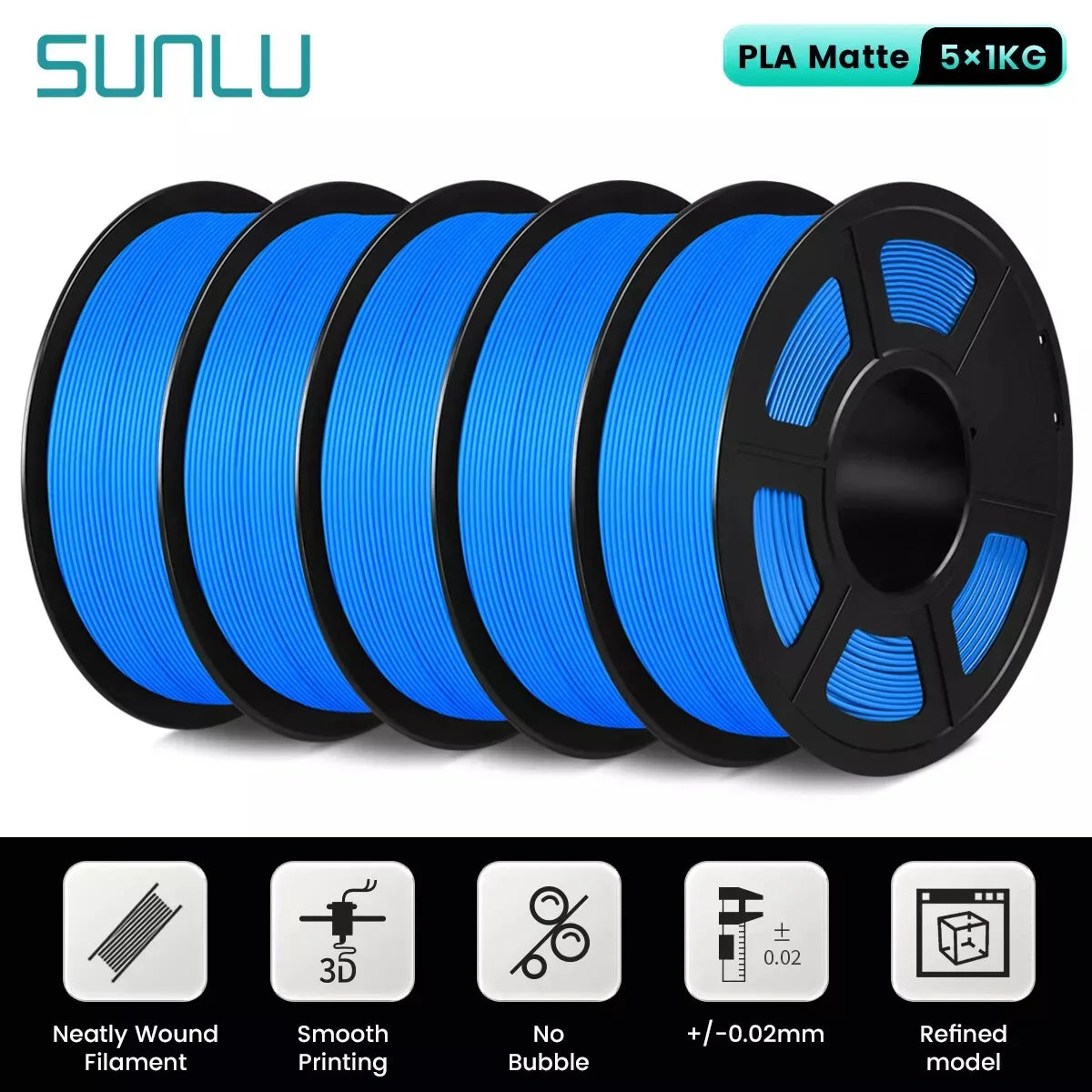 SUNLU 5Roll PLA Matte Filament 1.75mm 1kg Spool (2.2lbs) Smooth Matte Finish Neatly Wound Filament Fit Most FDM Printer