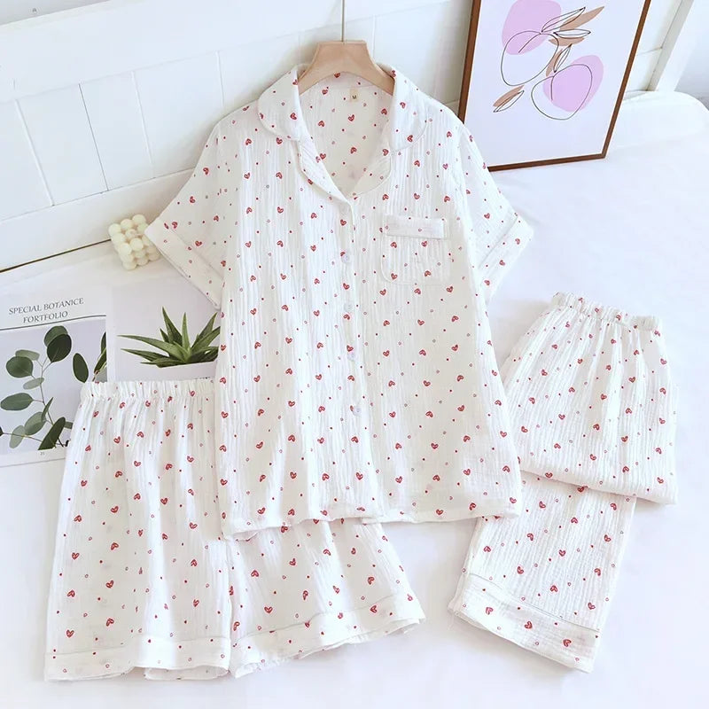 Small Love Heart Printed Cotton Pajamas for Women Three Piece Set Spring and Summer Short Sleeved Shorts Homewear Long Pants Set