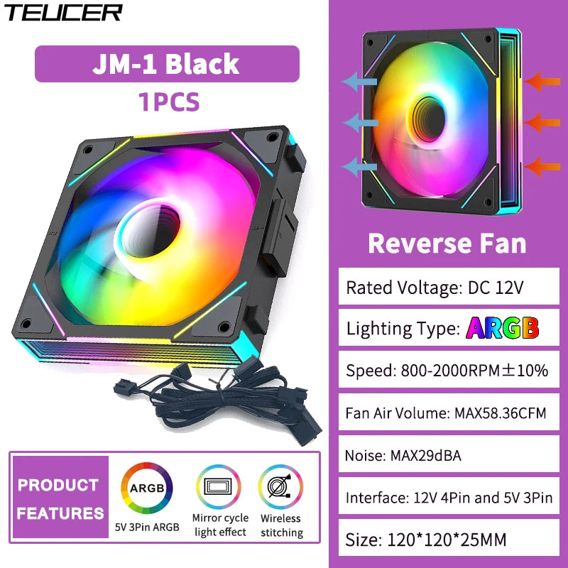 TEUCER 1PCS JM-1 PC Cooling Fan ARGB Mirror Cycle Light Effect 800-2000RPM PWM Water Cooling 360mm Cooler Fan