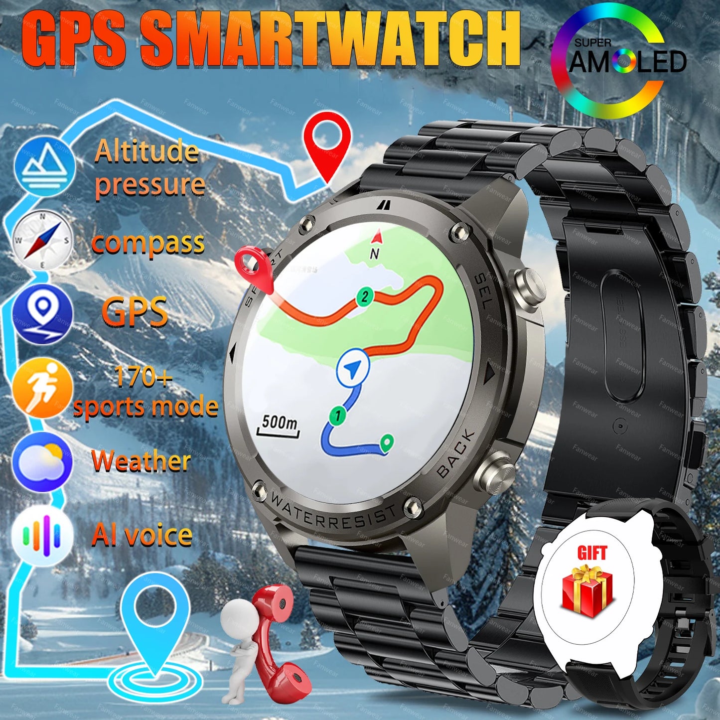 Fanwear T-Rex 3 GPS outdoor sports smart watch, 5ATM swimming smart watch, compass, barometric altitude, Bluetooth call, Valenti
