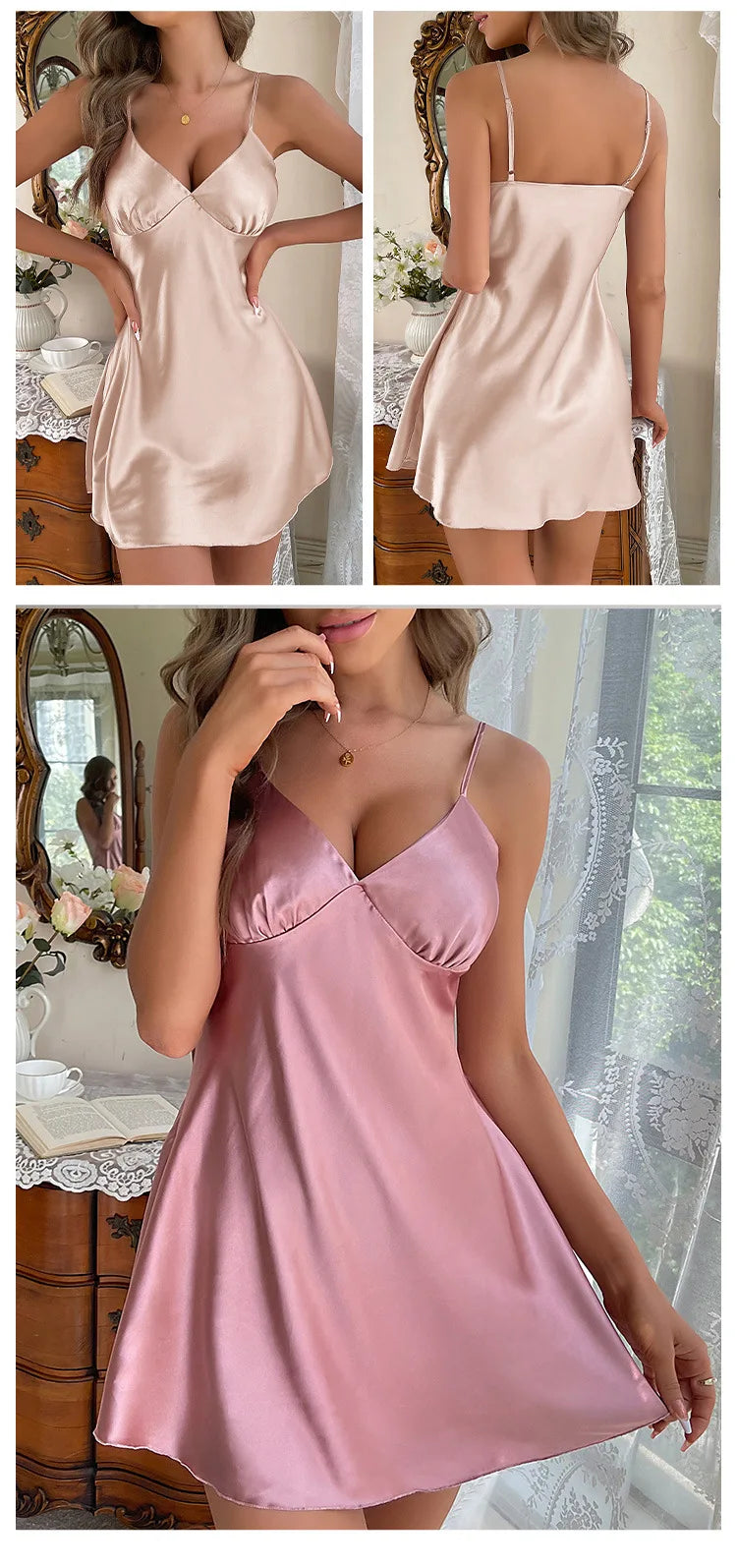 Solid Silk Satin Women Nightgown Sleeveless V Neck Pajama Dress Female Backless Sleepwear Backless Nightwear Homewear Clothing