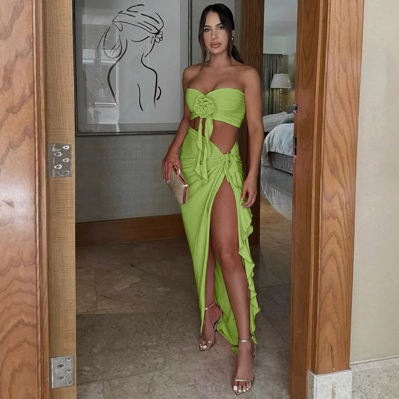Ladies Matching Suit Applique Strapless Ruched Crop Top Ruffles Split Midi Dress Set Women Summer Party Club Y2K Fashion Outfits