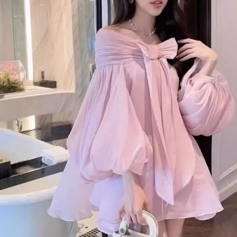 Matakawa Sweet Bow Vestidos Cortos Spring Summer Puff Sleeve Solid Slash Neck Women Dresses Birthday Party Elegant Mini Dress