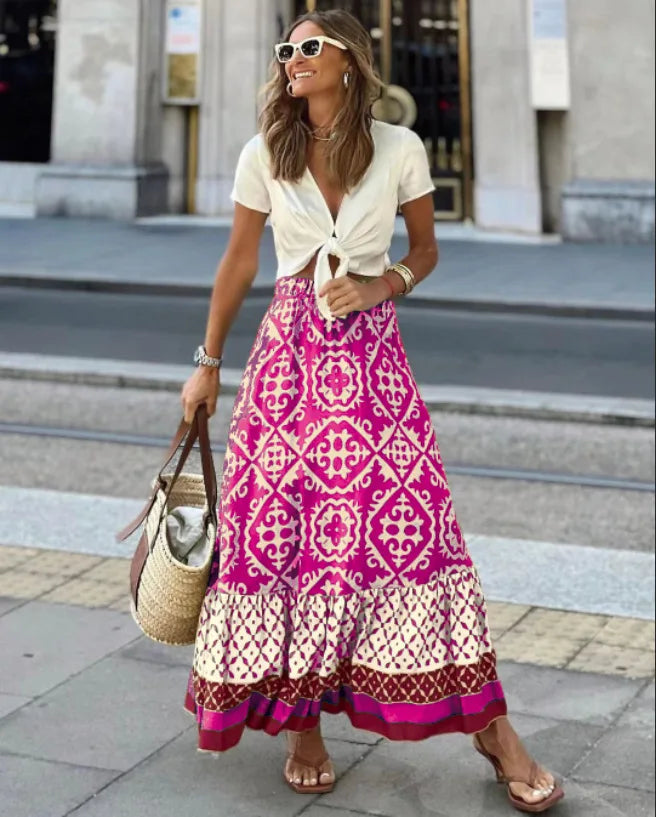 European and American foreign trade skirt independent station summer new printed loose stitching large swing skirt f