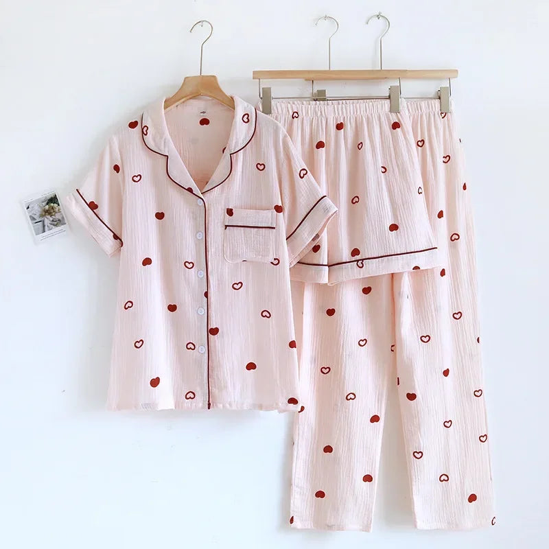 Small Love Heart Printed Cotton Pajamas for Women Three Piece Set Spring and Summer Short Sleeved Shorts Homewear Long Pants Set
