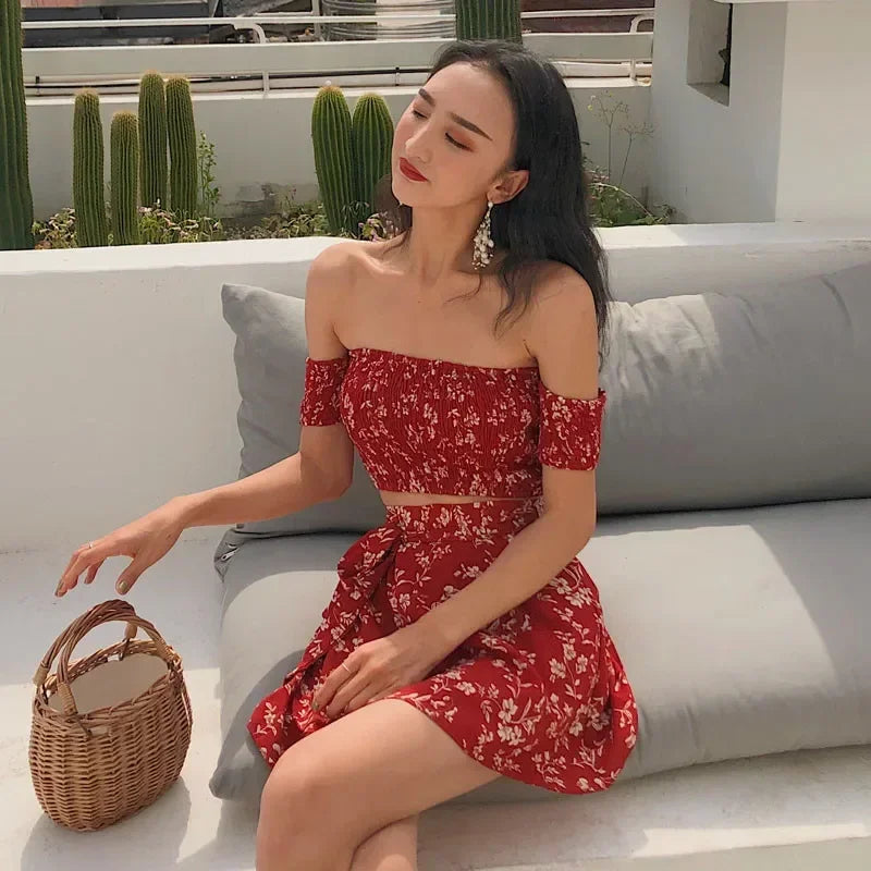 Summer Floral Fashion 2 Piece Sets Women Slash Neck Off Shoulder Shirt Crop Top&High Waist Mini Skirt Small Girl 2pc Dress Suits